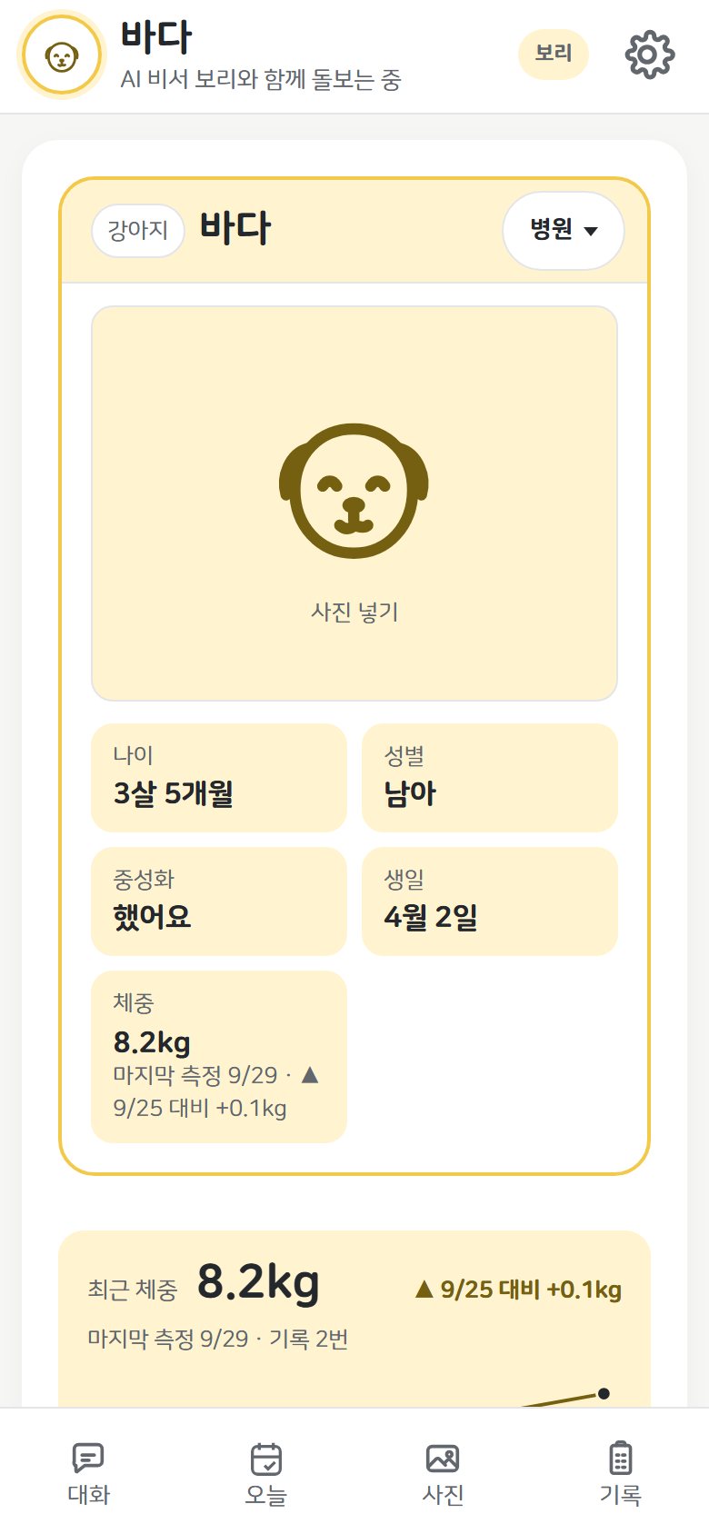 프로필 카드. 이름과 사진 칸 아래에 나이·성별·중성화·생일·체중이 큰 칸으로 정리된 모습.